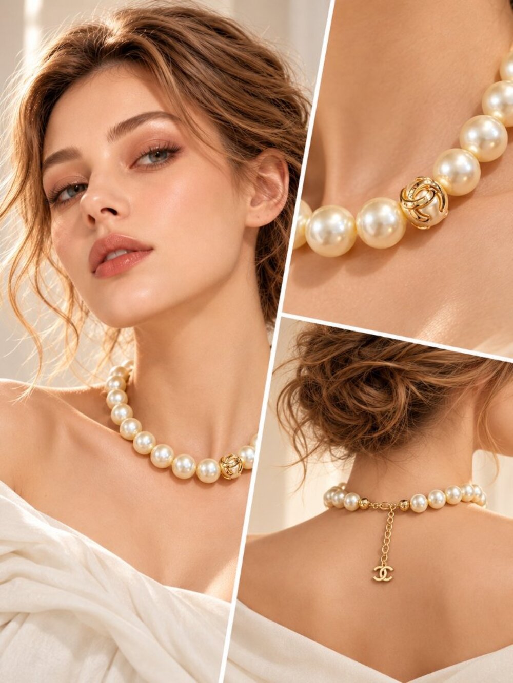 CHANEL Pearl-Style Necklace with Gold-Tone CC Detail | Brand New